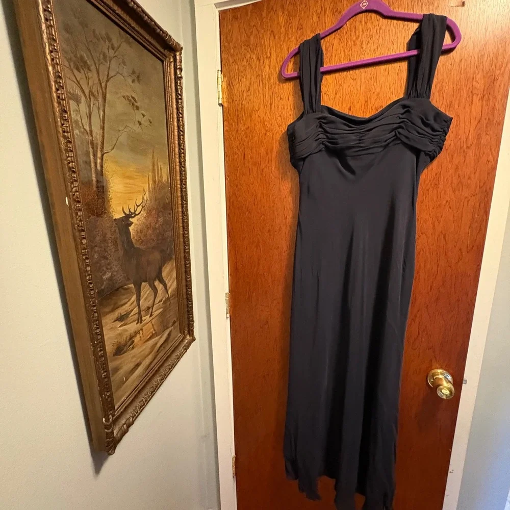 Black Silk Cocktail Midi Dress Ruched Sweetheart Formal Women's 16 - Picture 6 of 7